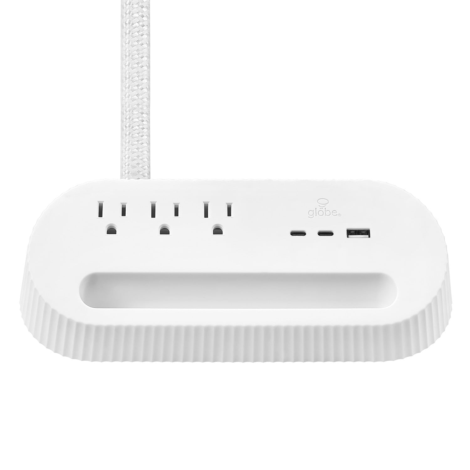 Chargeur porte-téléphone de bureau blanc à 3 prises avec 1 port USB-A et 2 ports USB-C de Globe Electric