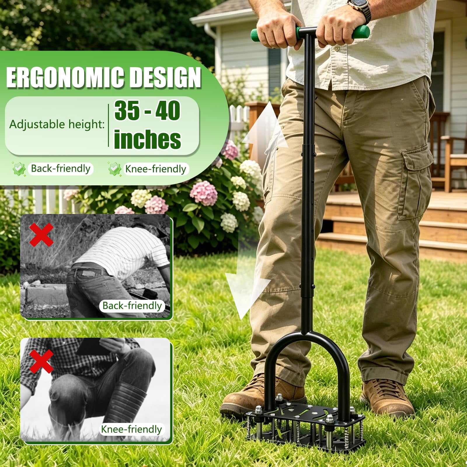 Adjustable Lawn Aerator Tool With Rebound Spring - 16 Metal Spikes Soil T-handle & Wide Foot Plate  Heavy Duty Yard For Garden Care