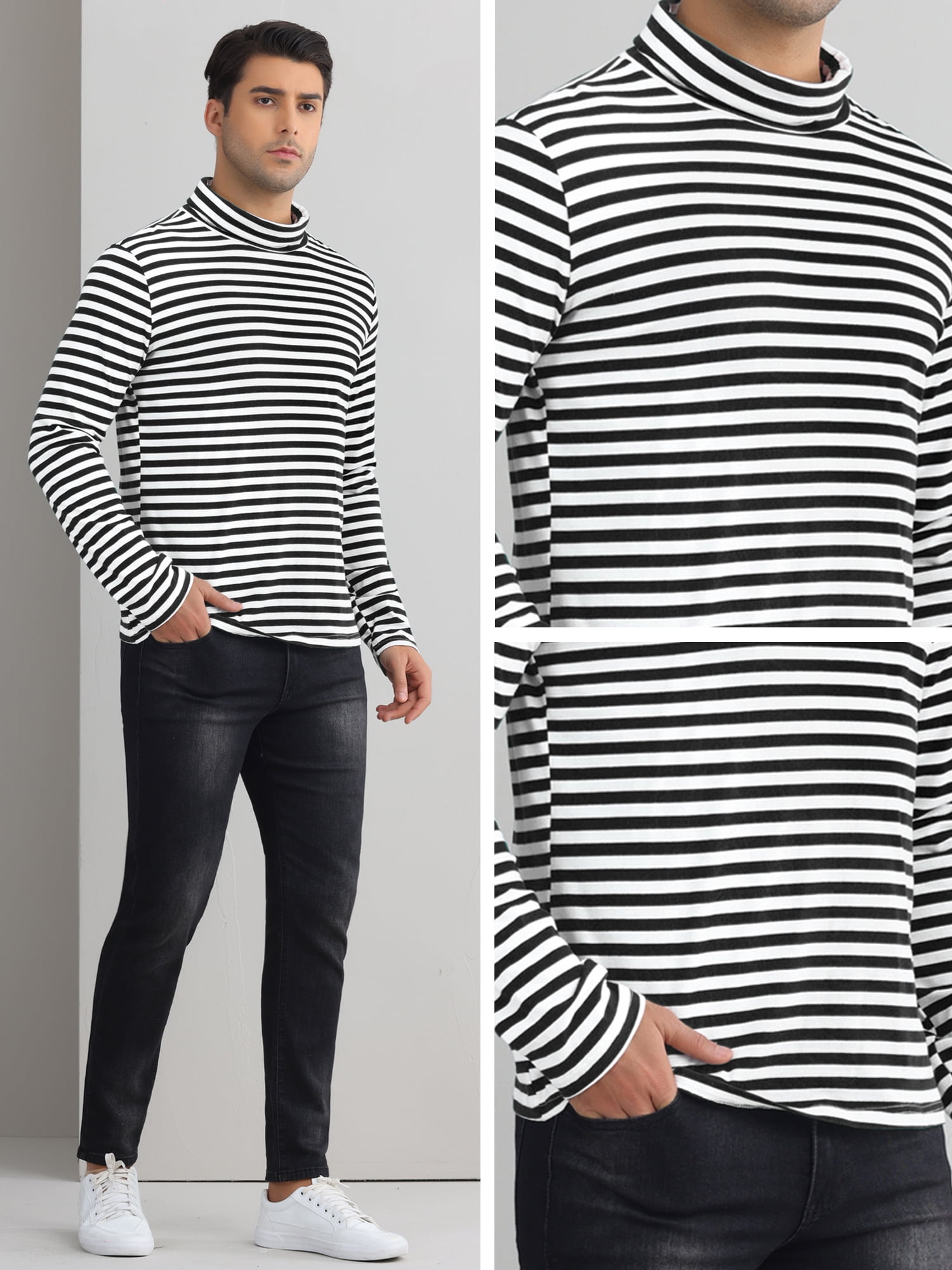 DARING DIVA Men's Striped Turtleneck Long Sleeves Pullover Stripes T-Shirt XL Black White