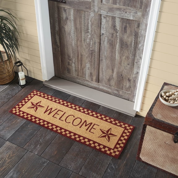 VHC Brands Burgundy Check Stars Coir Welcome Rug Rect 17x48