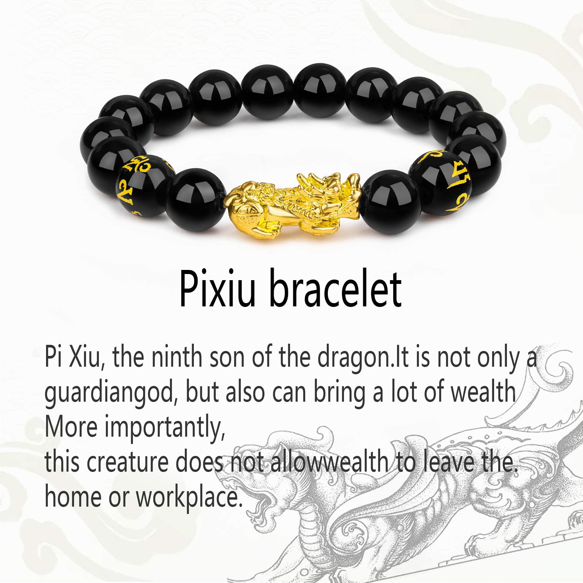 PLTGOOD 8mm/12mm Pixiu Beads Bracelets Feng Shui Black Obsidian Wealth Bracelet for Men Women Sanskrit Hand Carved Mantra Elastic Bracelet