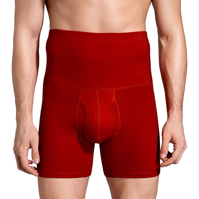High-Waisted Compression Boxer Briefs for Men - Tummy Control, Open Fly, Breathable Cotton Fabric, Comfortable Fit, Shapewear Un Burgundy 5XL