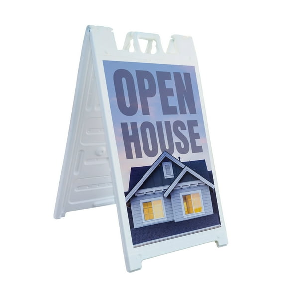 Open House 24" x 36" Double Sided A-Frame Sidewalk Sign Includes 2 Plastic Inserts Foldable Portable White Signicade Sandwich Board Real Estate Promotions Event Marketing Professional