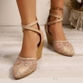 thumbnail image 2 of Rokment Women's Lace Flower Wedge High Heels Dressy Sandals Bridal Elegant Delicate Crochet Pointed Closed Toe Chunky Heeled Dress Pumps Strappy Shoes for Summer Fall Beige Size 6, 2 of 9