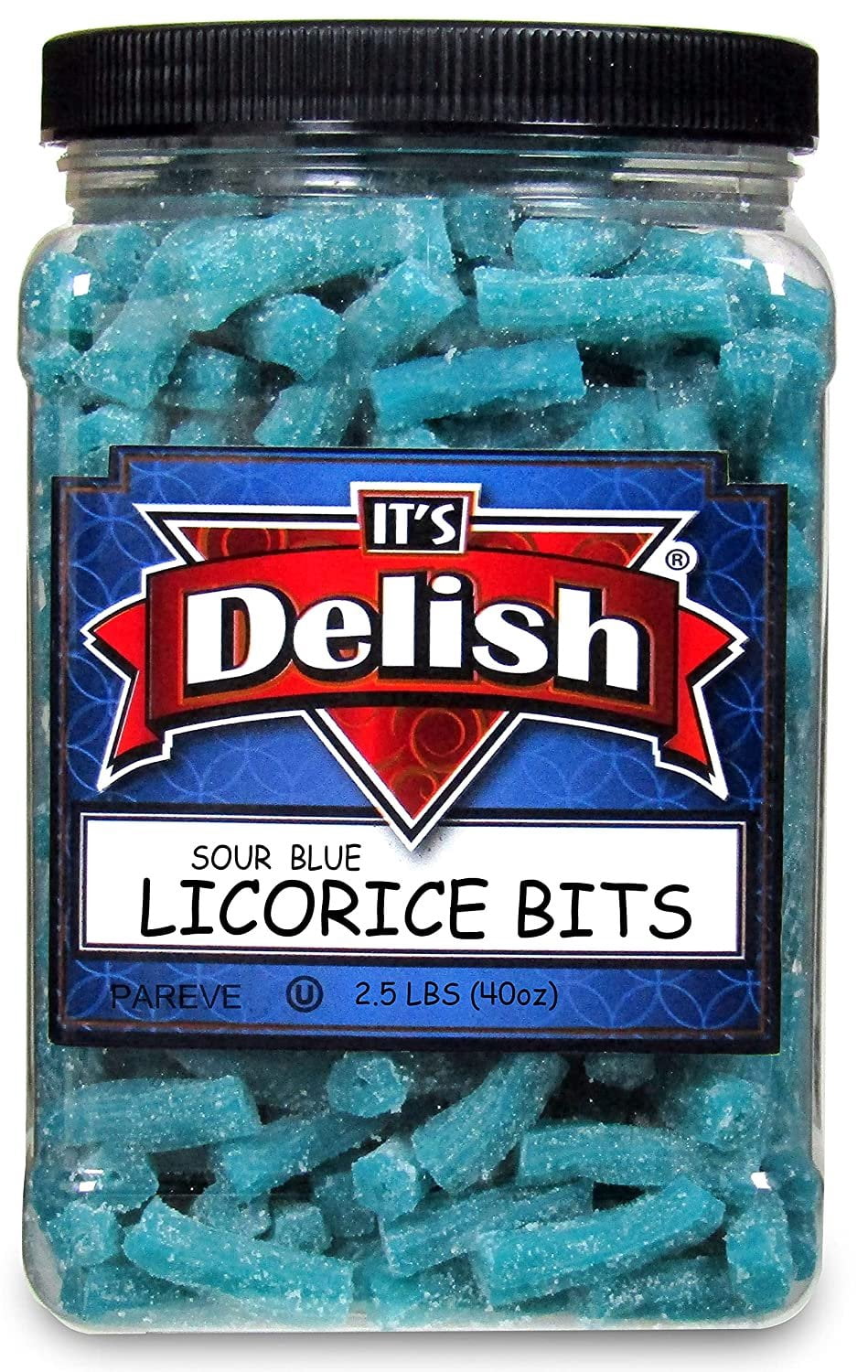 Sour Blue Blueberry Licorice Bits by Its Delish, 2.5 LBS 40 Oz Jumbo Container Jar  Original Style Chewy Sour Blue Blueberry Candy Twists  Great Gifts Party Sweets  Made in USA, Vegan, Kosher