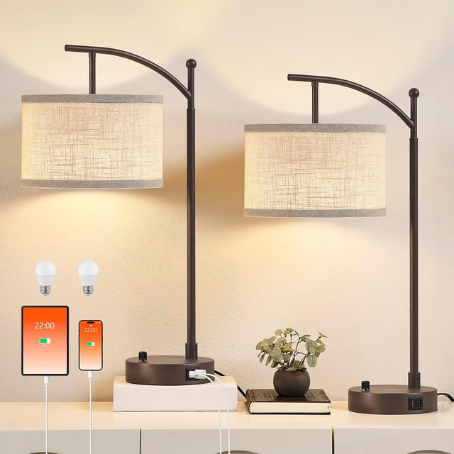 Lámpara de mesa para sala de estar, dormitorio, juego de 2 lámparas de mesa de 23.5 pulgadas con puertos USB C+A, lámparas de noche para mesita de noche con pantallas de lámpara de lino