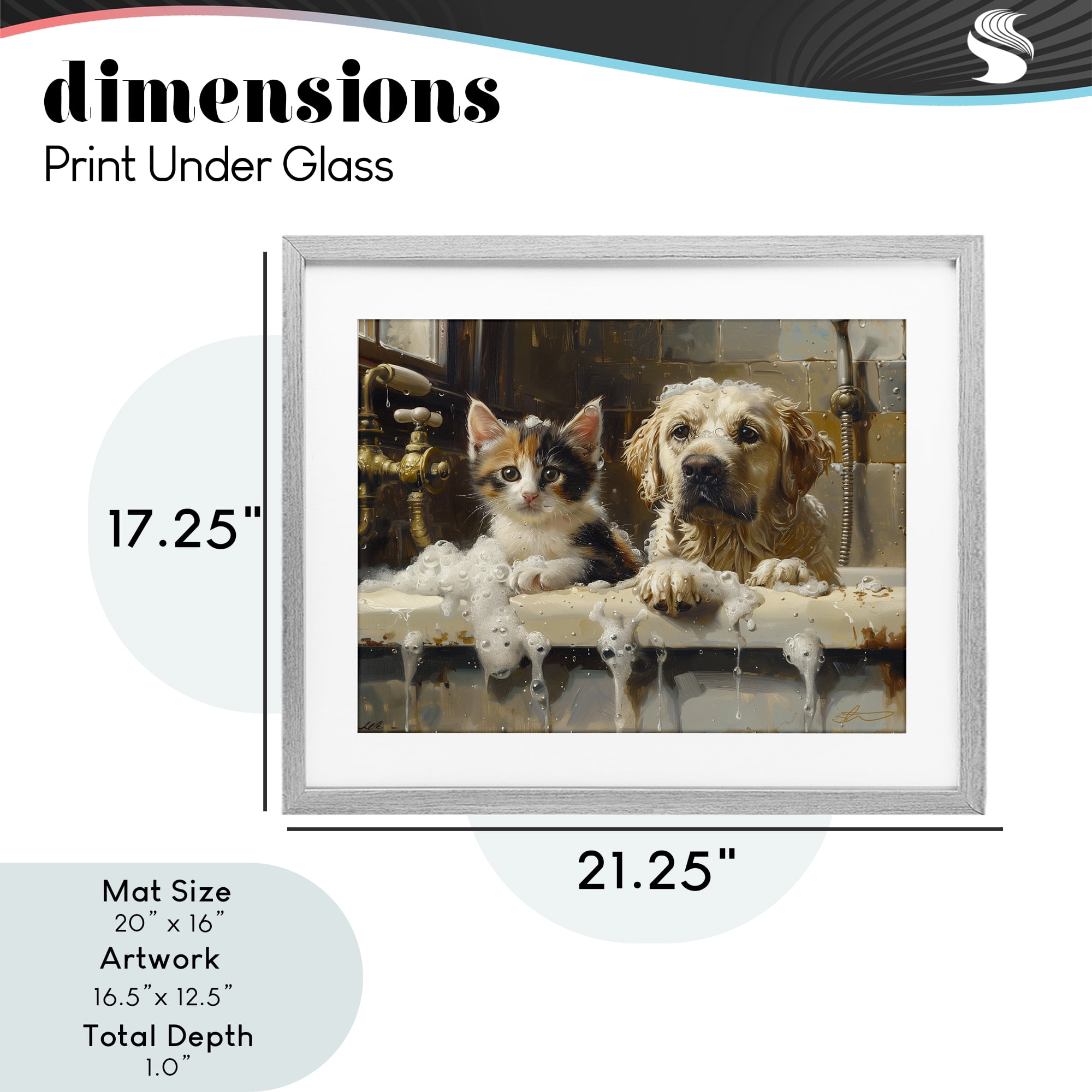 Bath Buddies Cat & Dog Gray Framed Print Under Glass, design by Shawna Stewart