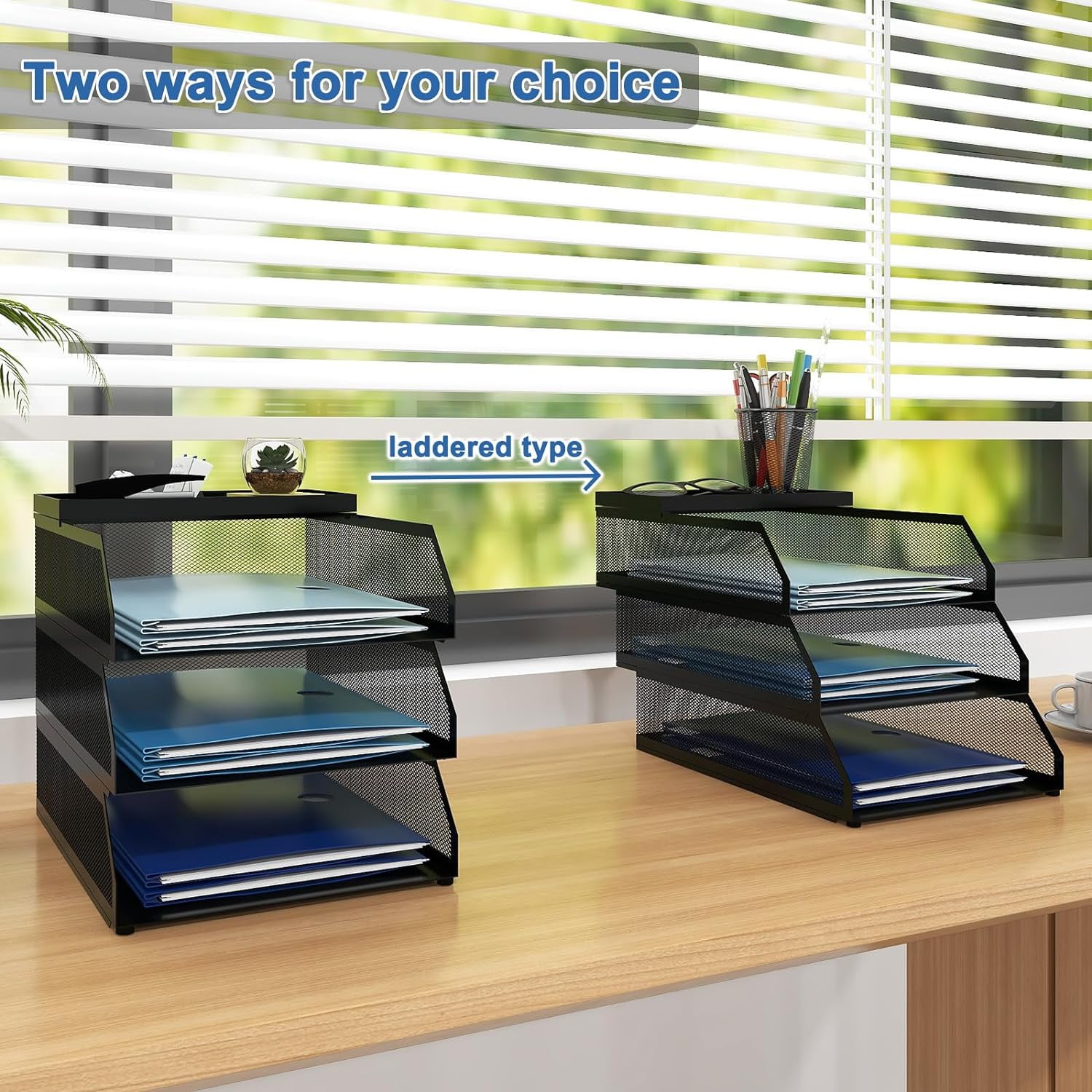 Natwind 3-Tier Stackable Paper Tray, Metal Mesh Desktop Organizer, Paper Sorter, Letter Trays,File Document Storage Rack for for Home, Office(Black)