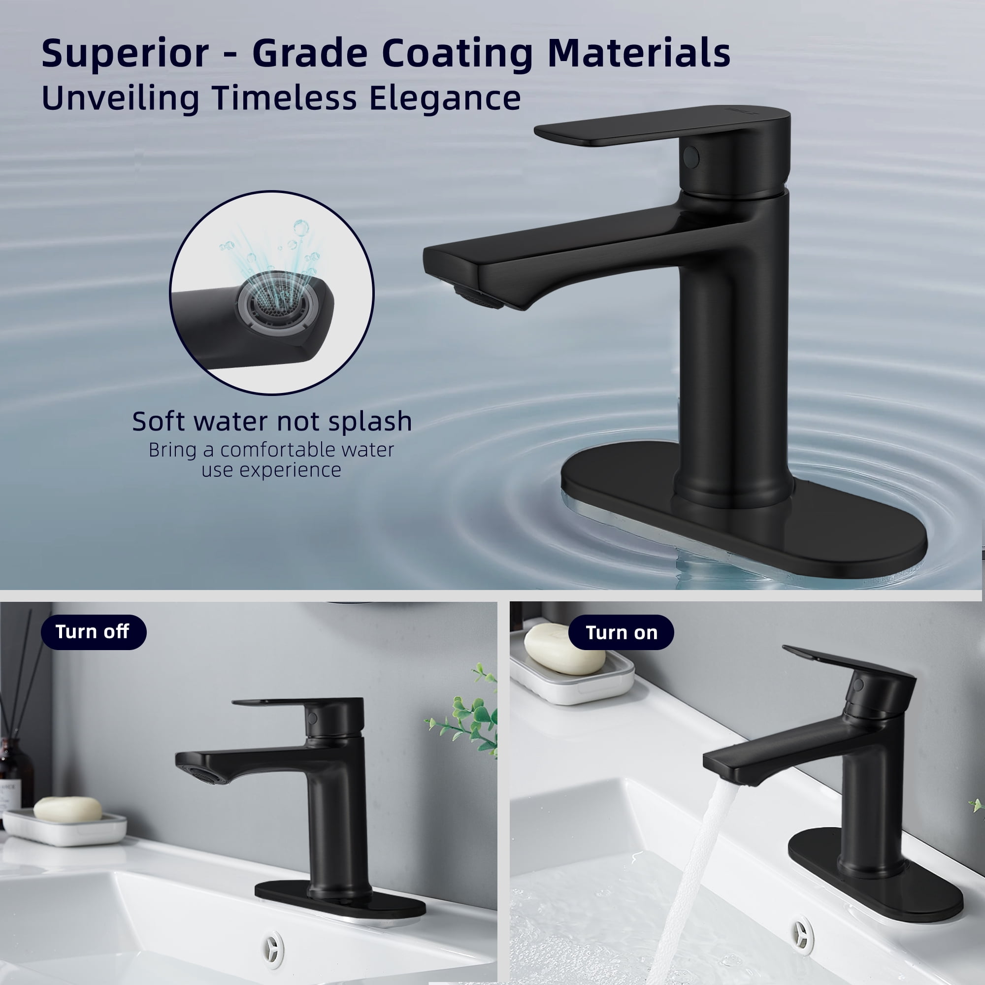 BELZ Bathroom Faucet Modern Single Handle One Hole Bath Vanity Sink Faucets with Pop Up Drain and Deck Plate for 1 or 3 Holes, Black