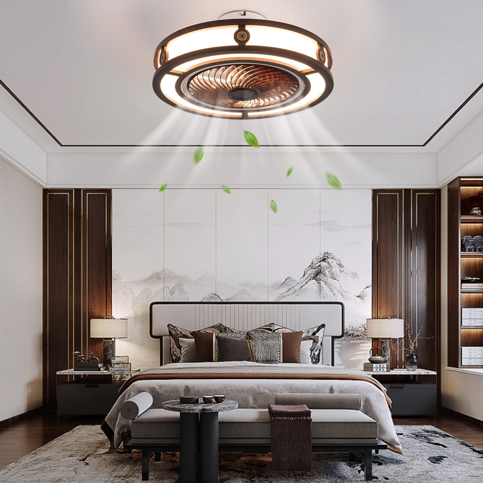 Caged Low Profile Ceiling Fans With Light, Flush Mount Farmhouse Fandelier With Remote Control, Dimmable/Wind Speed/Timer/with bulb, Small Enclosed Bedroom Kitchen Ceiling Fan