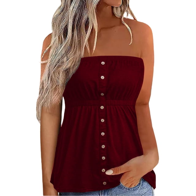 Gibobby Top cruzado informal de verano para mujer, decoración de botones de Color sólido, Top cruzado de Color sólido(Vino,XG)
