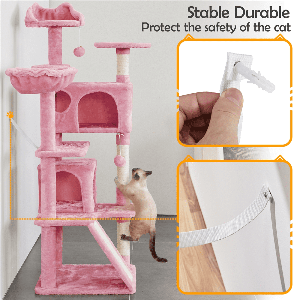 Alden Design 54" Double Condo Cat Tree with Scratching Post Tower, Pink
