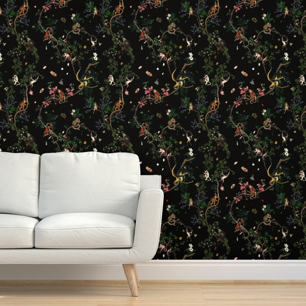 Removable Water-Activated Wallpaper Monkey Chinoiserie Black Jungle Forest 