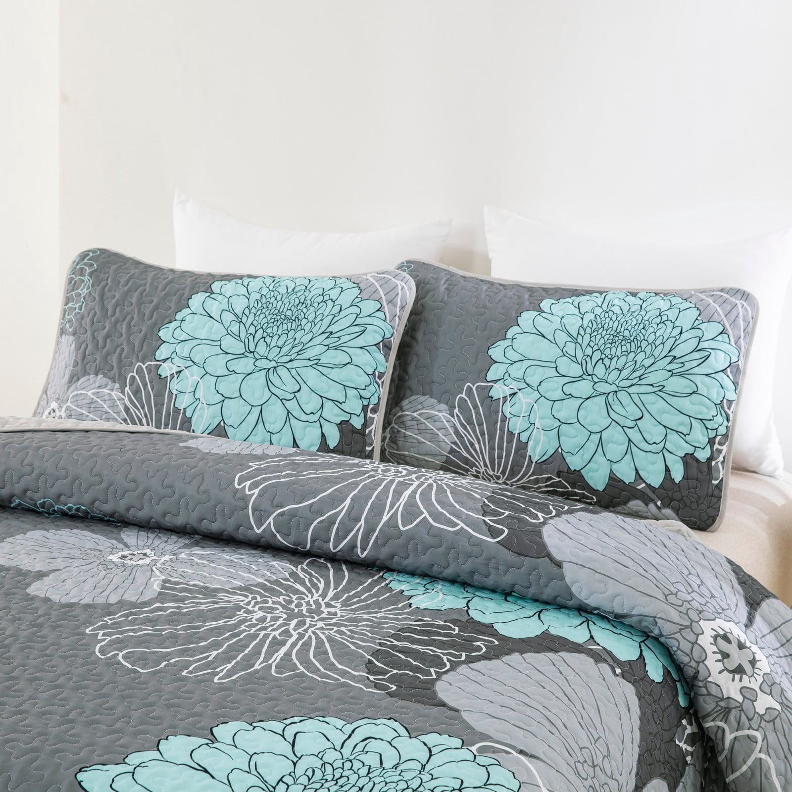 Dintszyayue Floral Quilt Set Queen,3Pcs Gray Bedding Set Lightweight Flower Coverlet Adult(90"x 96")