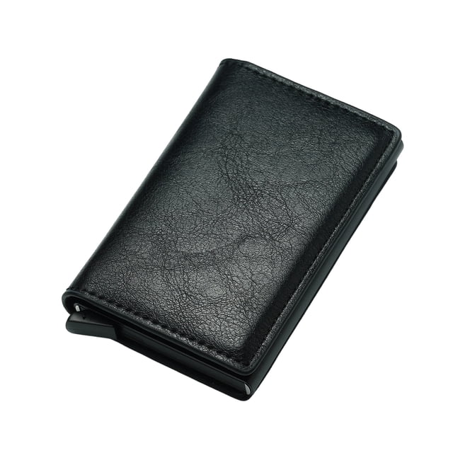 Cartera de piel sintética para hombre, billetera triple con bloqueo RFID y tarjetero delgado emergente, tarjetero de aluminio metálico.