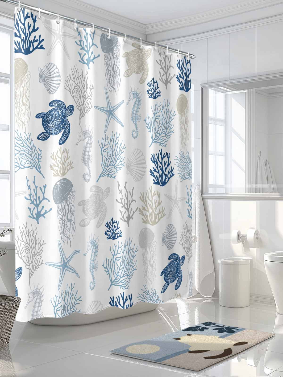 Navy Blue Coastal Waterproof Fabric Shower Curtain, Nautical Summer Beach Coral Sea Turtle Shower Curtain for Bathroom Curtains Bathtubs Hotel Washable Shower Curtains with 12 Hooks Extra Long 72x96