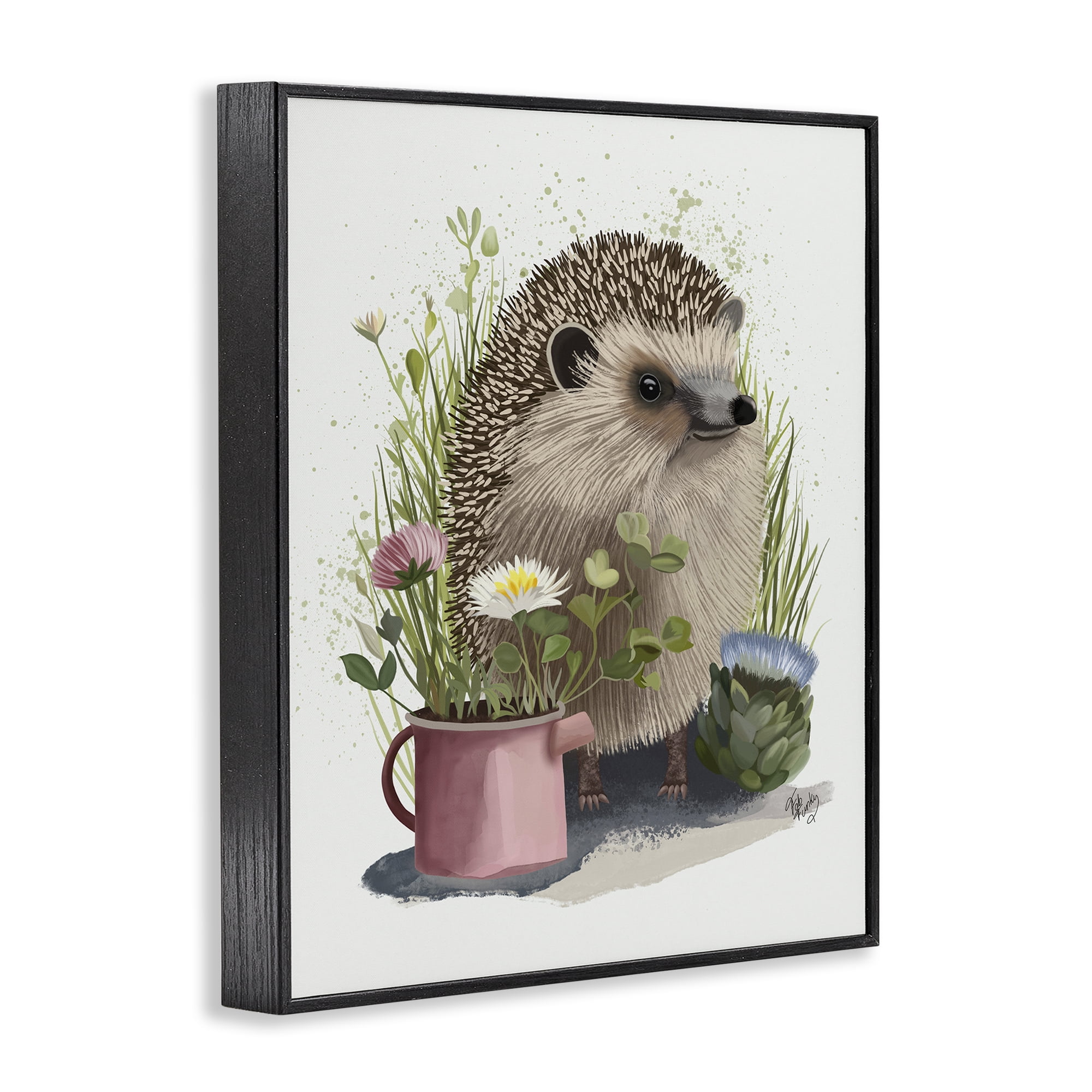 Stupell Industries Hedgehog with Garden Plants Animals & Insects Painting Black Framed Art Print Wall Art, 24 x 30