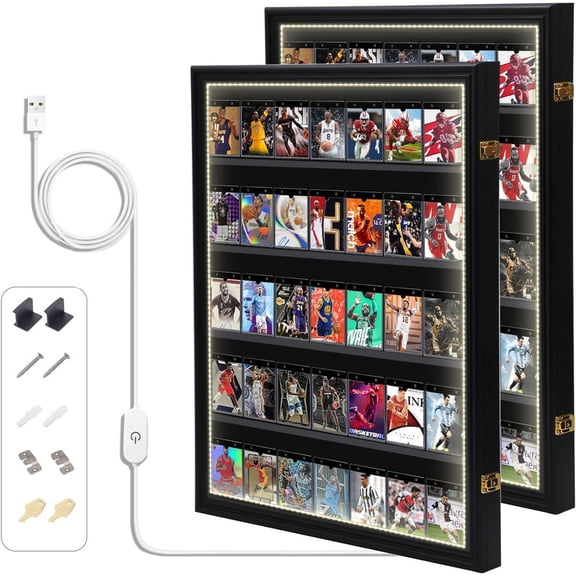 Card Sports Display Case with LED Light, Lockable Wall Frame with UV-Protected Acrylic for Basketball, Football, Hockey & Graded Trading Cards (Vertical, 2 Pack)