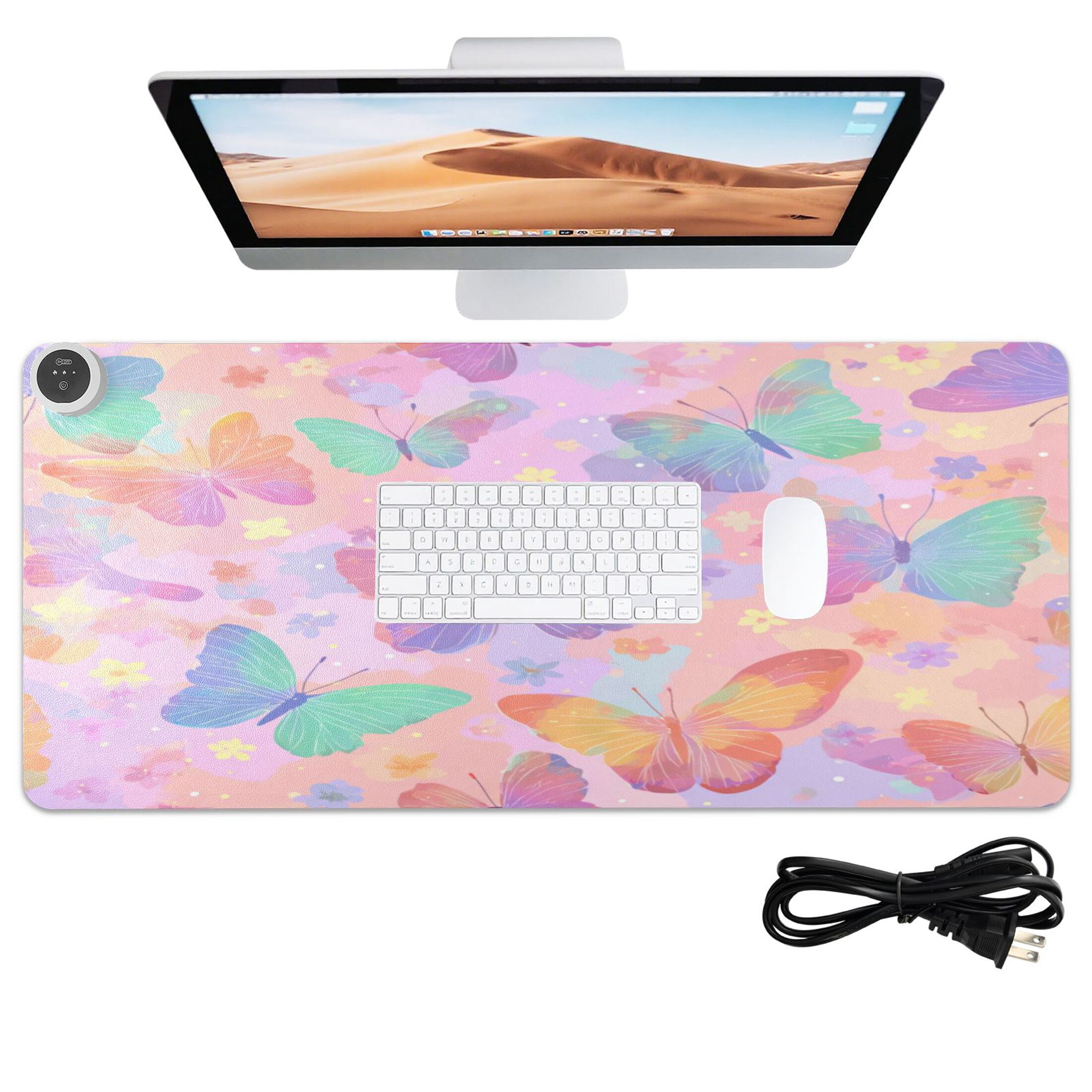 Large Heated Desk Mat Mouse Pad 31.5"x13"PU Leather Graphene Heating Desk Warmer with 3 Temperature Settings 110V US Plug Non-Slip Warm Pad for Home, Office, and Gaming Peach Pastel Butterfly Flutter