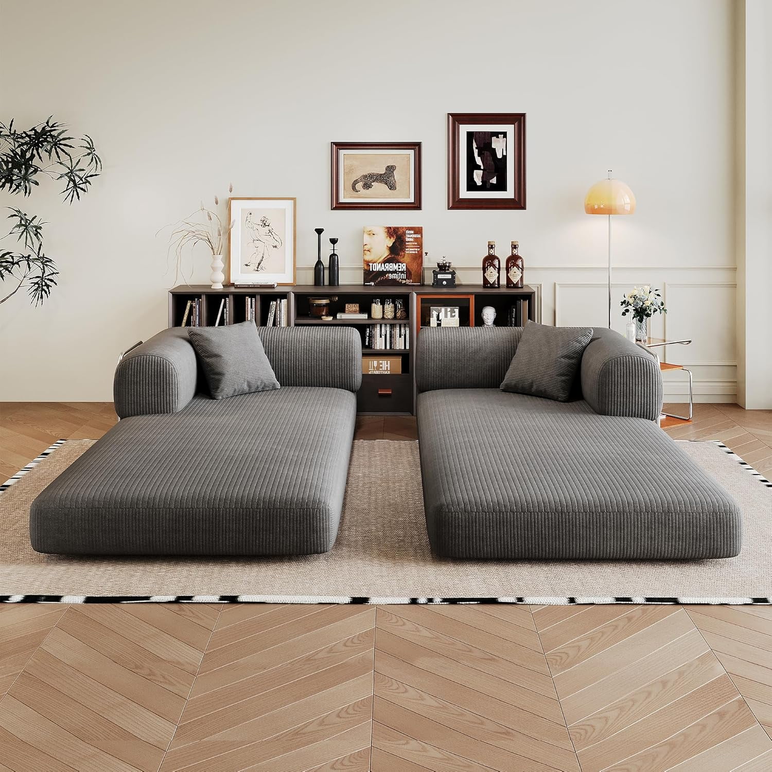Howcool 79" Convertible Sofa Bed, Corduroy Folding Pull Out Couch with Pillows, Boneless Compression Sofa in a Box, Floor Sofa with Support Rods for Living Room,Gray