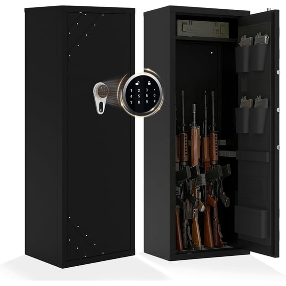 Heavy Duty Rifle & Pistol Safe with Quick Access Fingerprint Lock & Digital Backlit Keypad | Removable Shelves, Pistol Pockets, Dual Alarm | Home Security Gun Cabinet for Shotguns