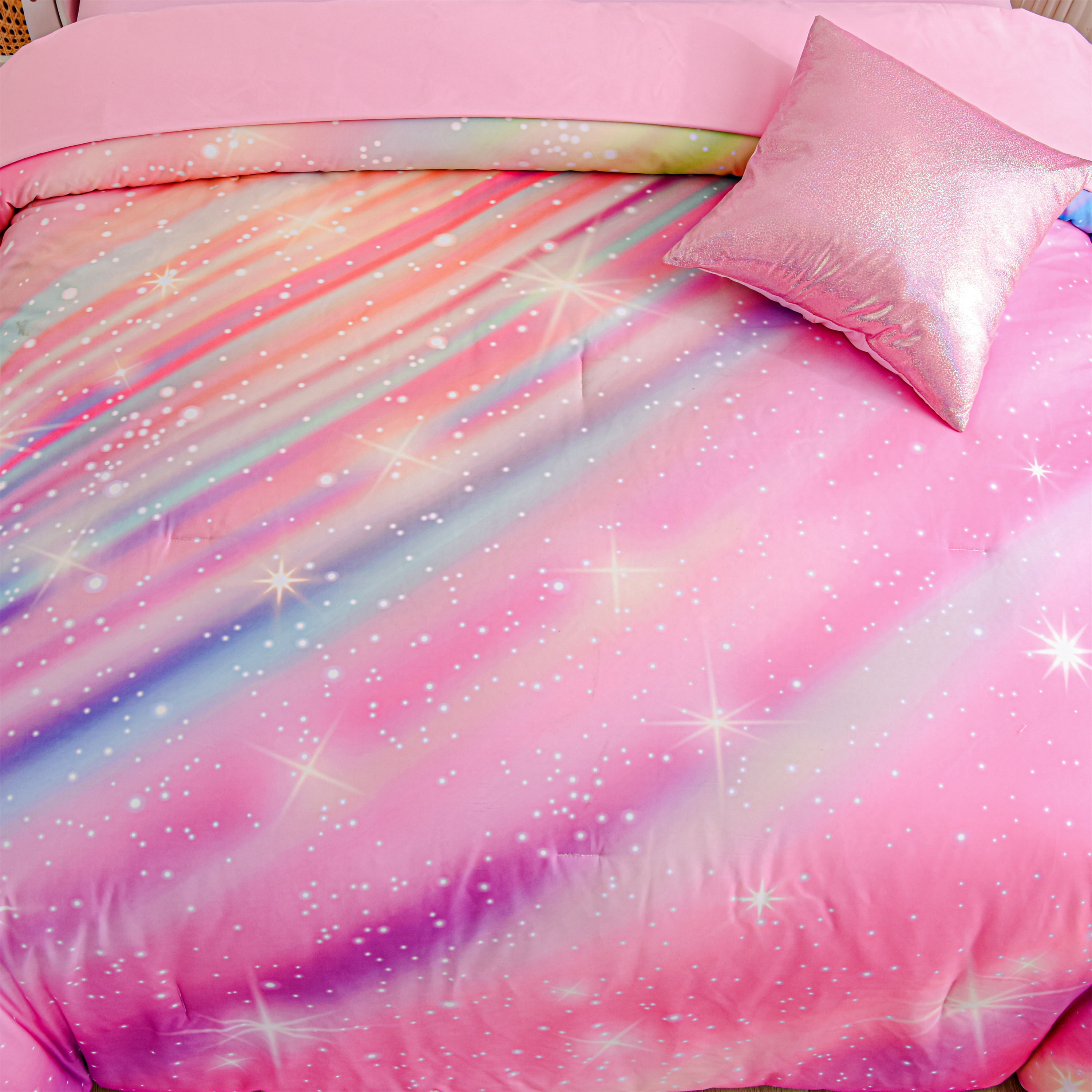 Btargot 6PCS Pink Galaxy Twin Comforter Set Rainbow Gradient Star Ring Bedding Set for Girls Kids