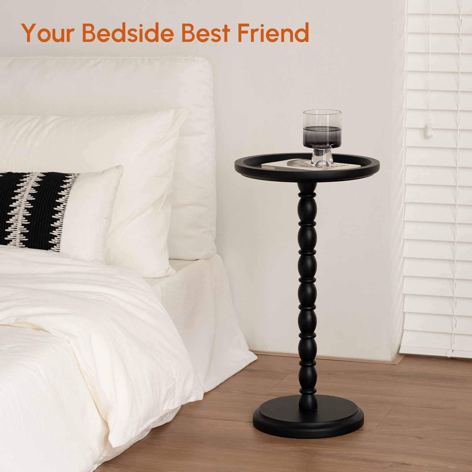 Hearthlight Home Round Side Table, Small Drink Table End Table with Solid Wood Leg for Living Room Bedroom Office,Black,12inch