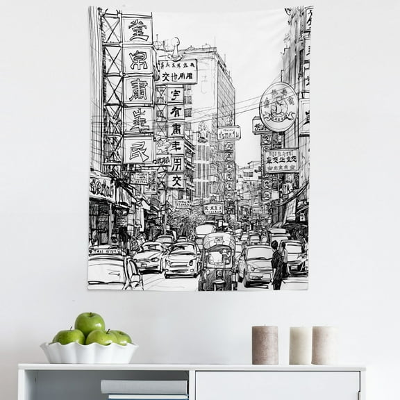 Sketchy Tapestry, Illustration of Street with Signs in Chinatown Bangkok Historicalrt, Fabric Wall Hanging Decor for Bedroom Living Room Dorm, 5 Sizes, Black White, by Ambesonne