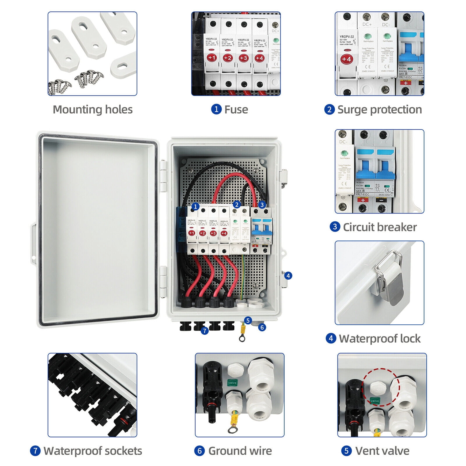 Miumaeov Solar Combiner Box PV Combiner 63A Circuit Breaker 4 String For Solar Panel Kit