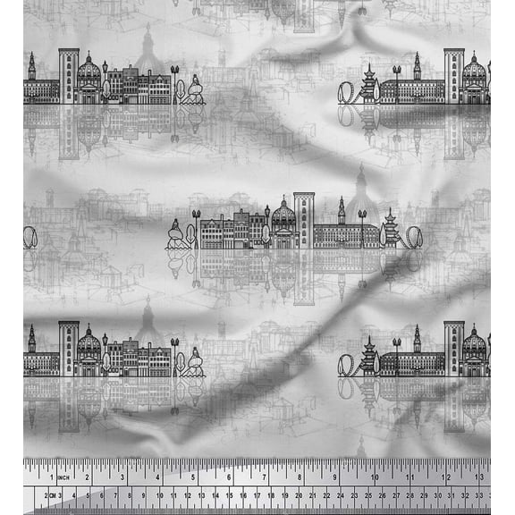 Soimoi Black Cotton Voile Fabric Sketch Monuments Architectural Printed Craft Fabric by the Yard 42 Inch Wide