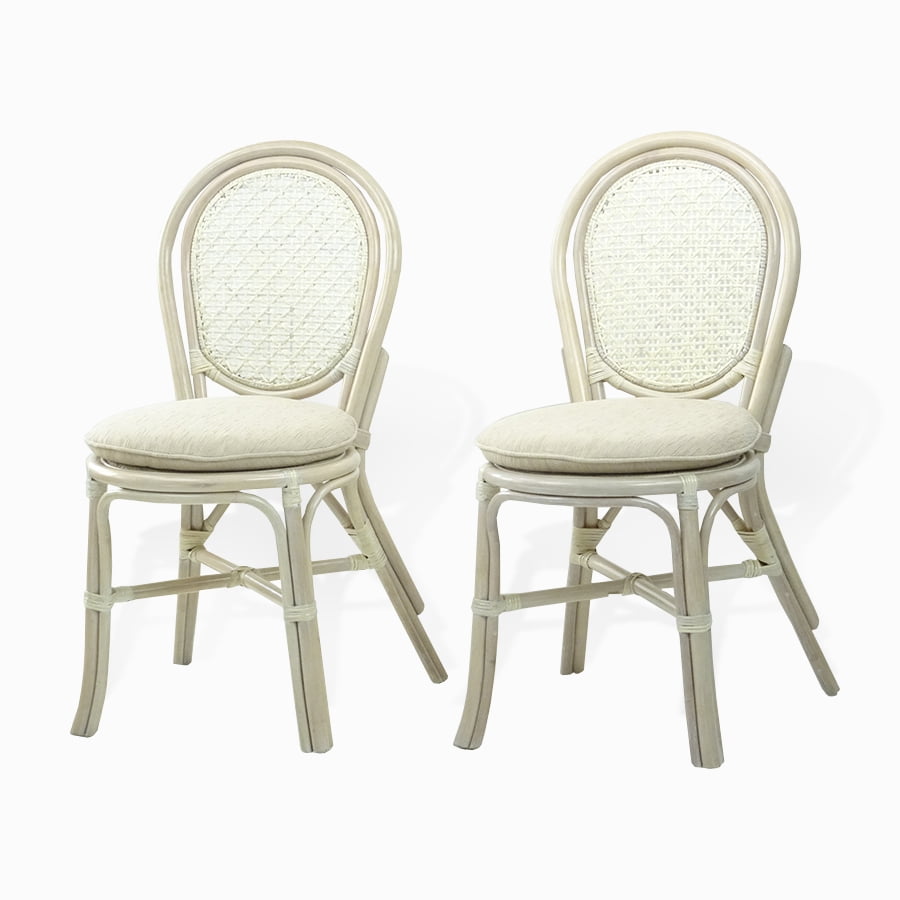 Set of 2 Denver Dining Wicker Side Chairs with Cream Cushions Handmade Rattan, White Wash 