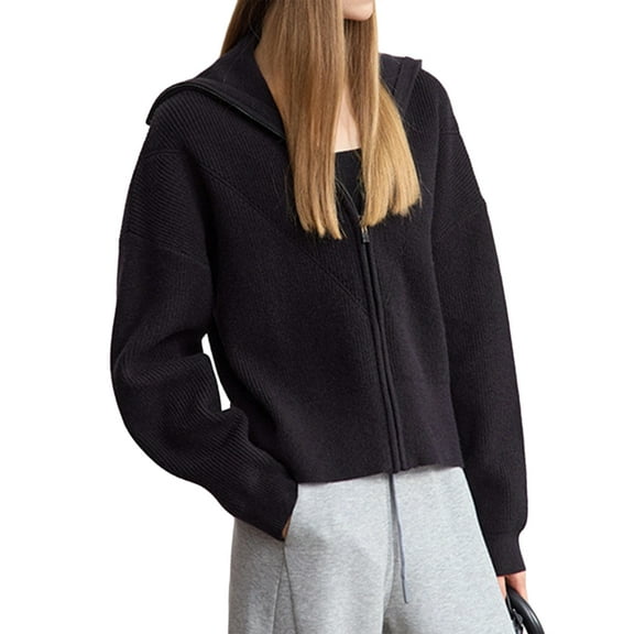 Womens Fall Long Sleeve Zip Up Cardigan Sweaters Casual Loose Collared Ribbed Knit Tops Jackets Black One size