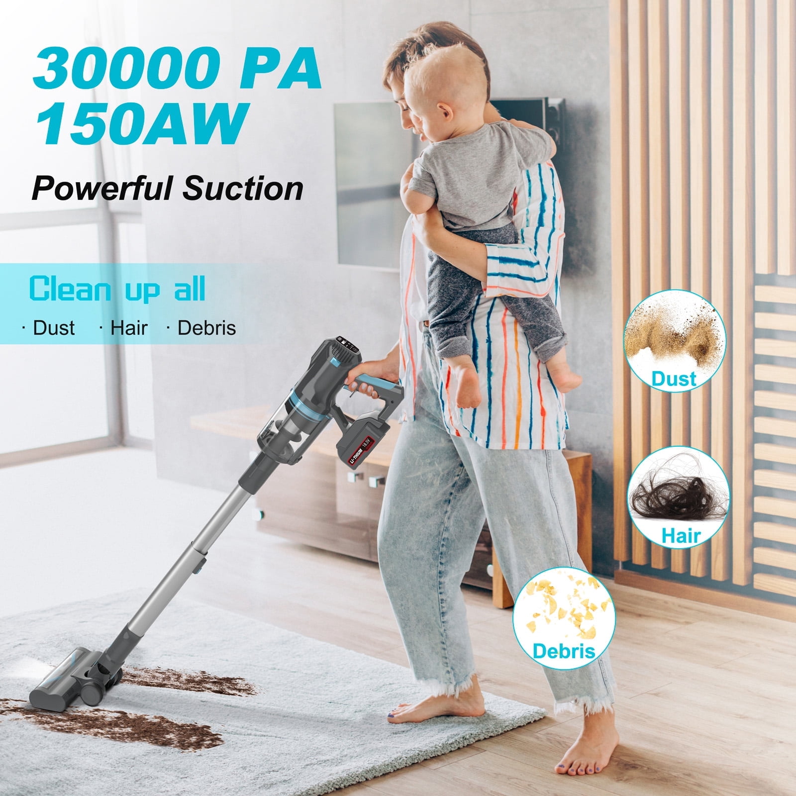 Cordless Vacuum Cleaner,30Kpa 60Mins Stick Vacuum Cleaner with LED Touch Screen,Lightweight Vacuum for Home Pet Hair Carpet Hard Floors V11(Gray)