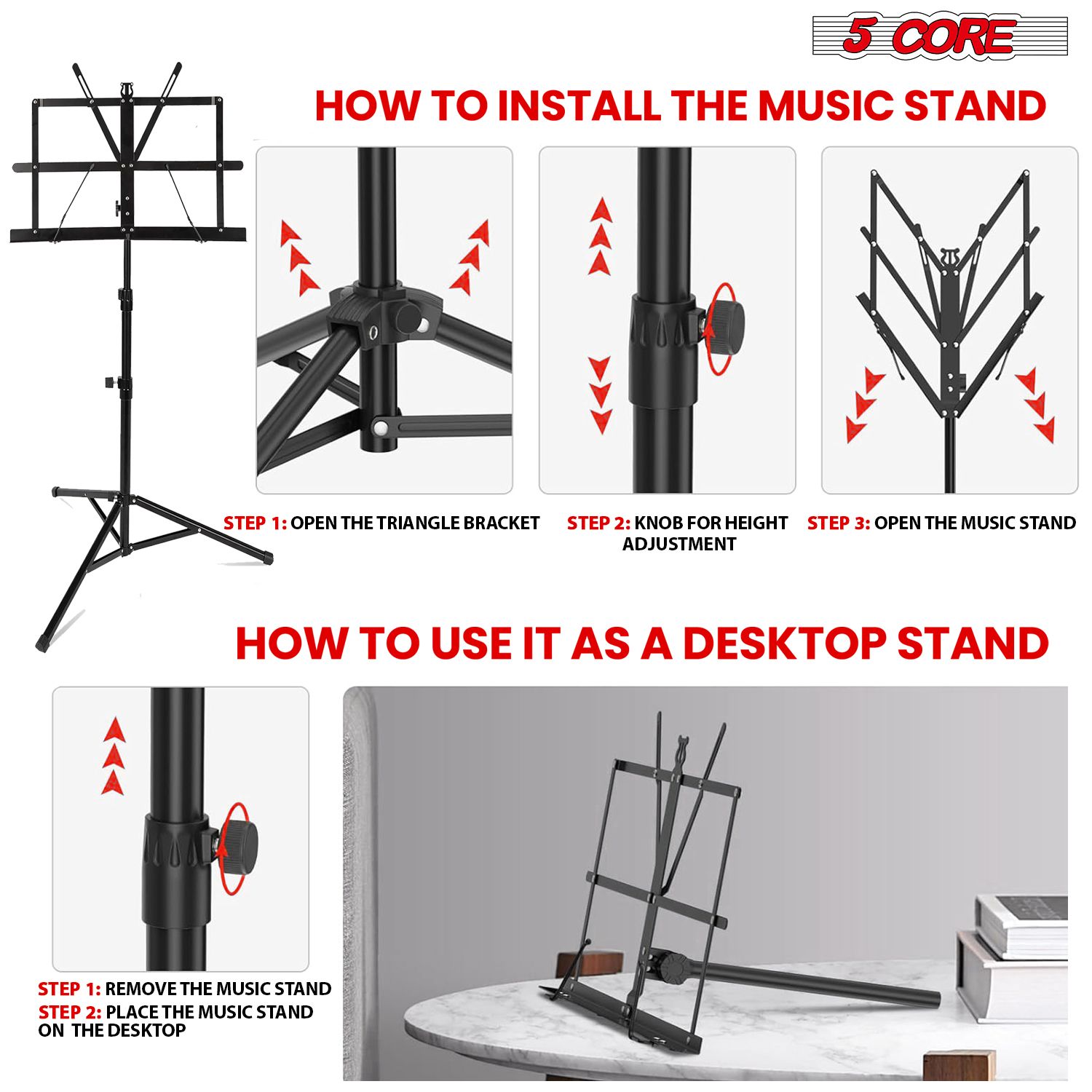 Music Stand For Sheet Music Professional Portable Adjustable Folding Music Note Holder Tripod Stands - BLK