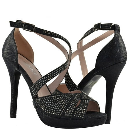 

Women Wedding Party Heels Glitter Cross Strap Bride Dress Shoes Black