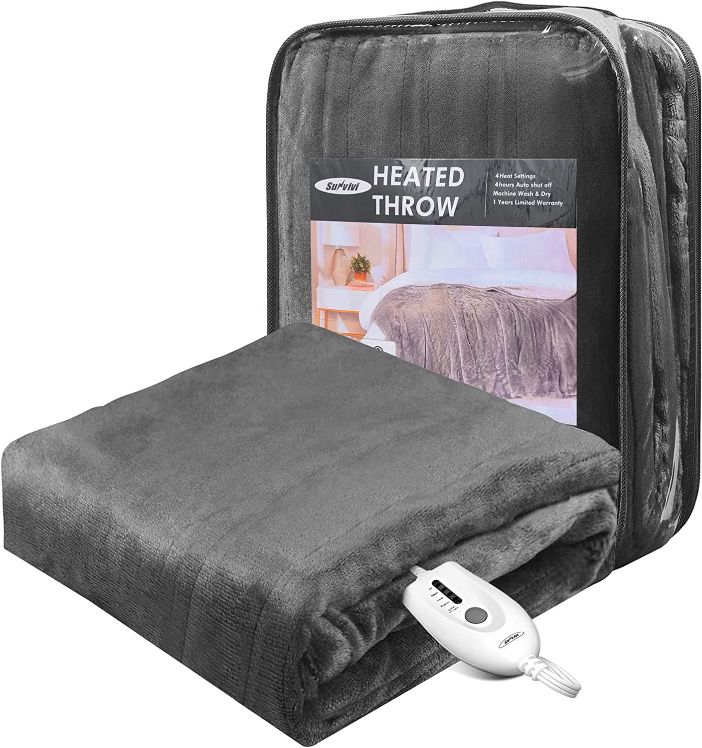 CozyHom Heated Electric Throw Blanket, Electric Throw 50"x 60" Double-Layer Flannel with 4 Hours Auto-Off 4 Heat Settings ETL Certified For Home & Office, Grey