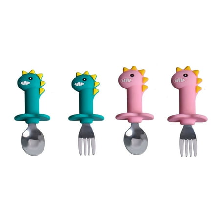 

SPRING PARK 2Pcs Travel Cartoon Dinosaur Baby Tablewares Fork Set Easy Grip Silicone Toddler Infant
