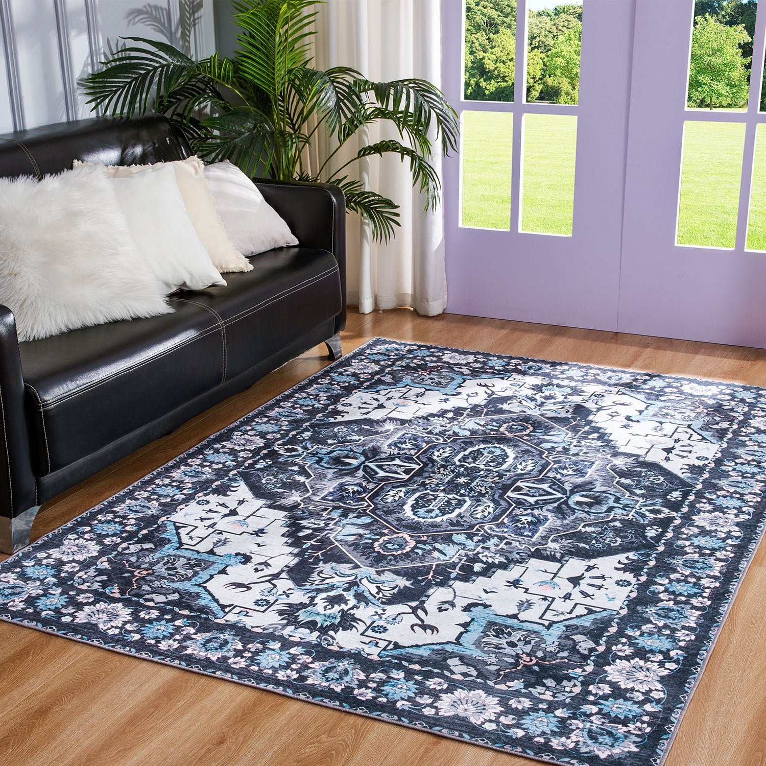Wondo Washable Rugs Vintage Area Rug Rug for Living Room, Bedroom, Kids Room, 9' x 12', Black