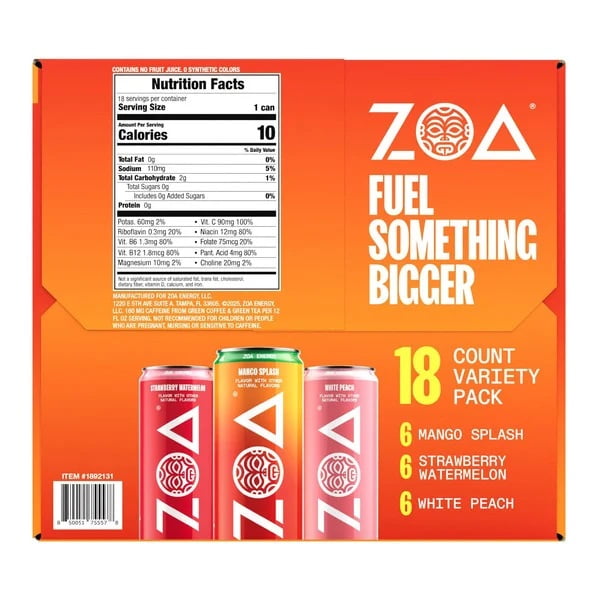 ZOA Energy Drink Variety Pack, 12 oz Cans, Low Sodium, 18 Pack