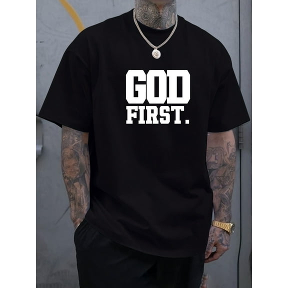 [Navy Blue GOD FIRST Tee] Navy Blue "GOD FIRST" Graphic T-Shirt - PLUS SIZE, Polyester Blend, Machine Washable, Casual Short Sleeve, Summer Wear