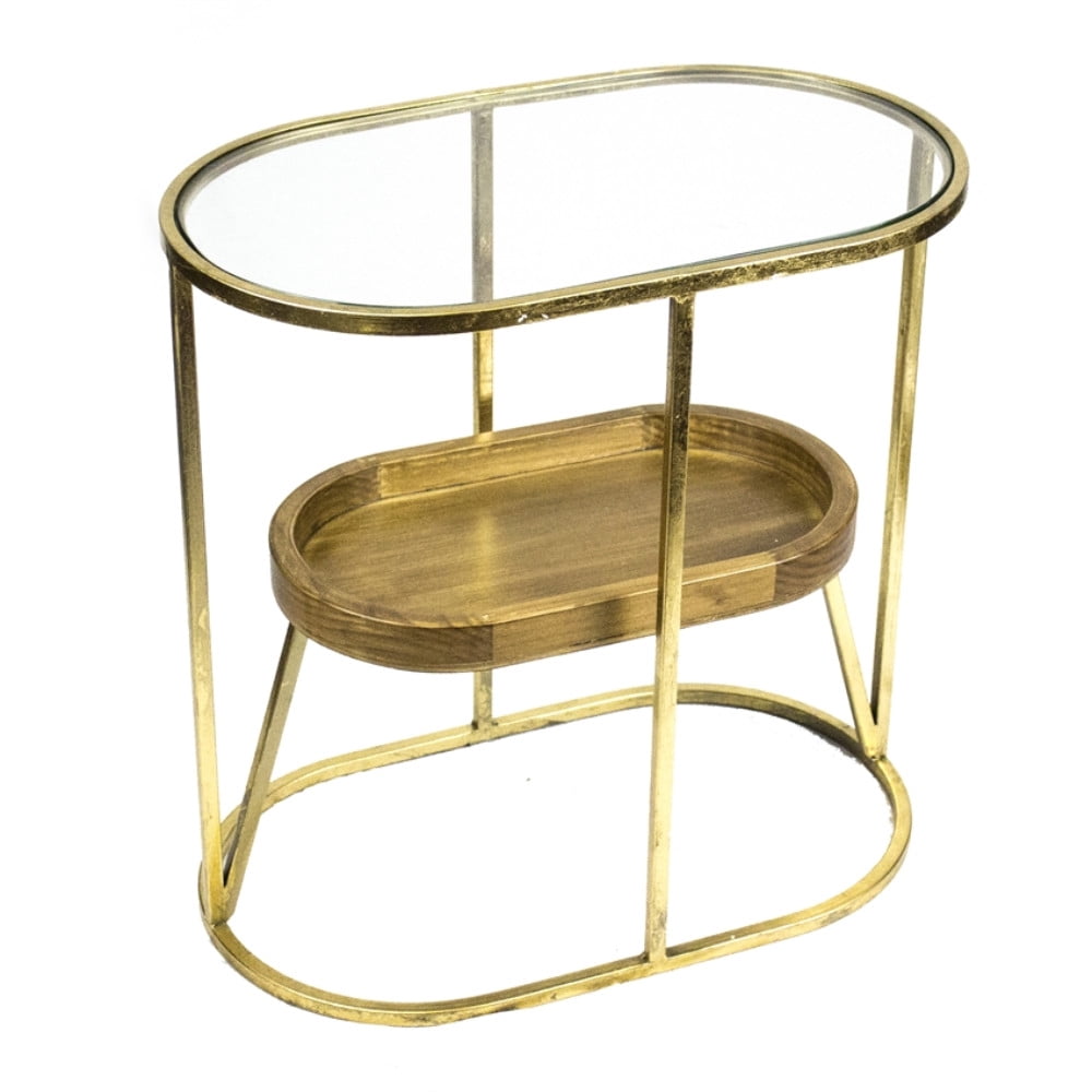 Attractive Metal Accent Table With Wooden Shelf, Gold