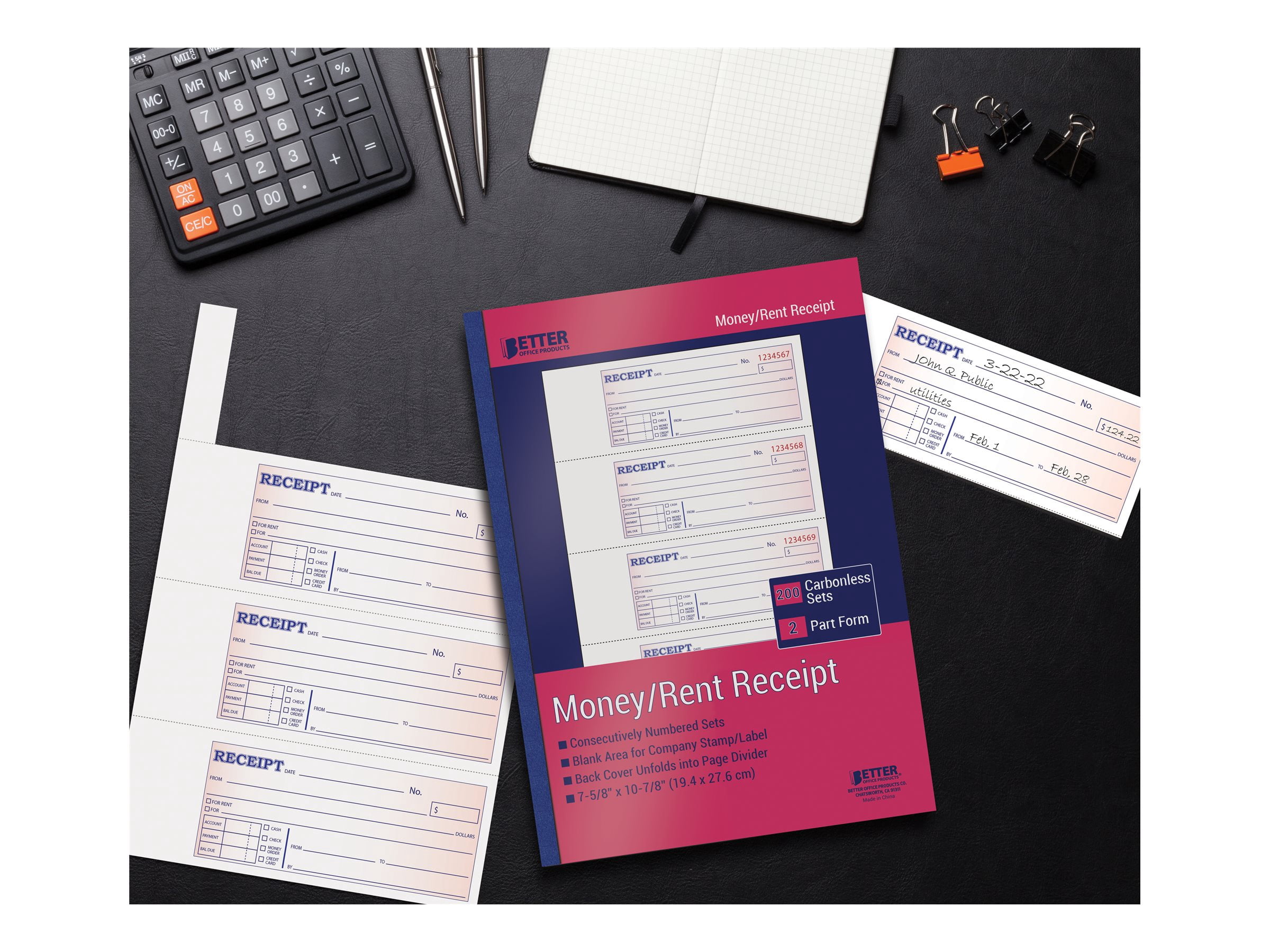 Better Office Products Money/Rent Receipt Book, 200 Sheets, 5-9/16" x 8-7/16", 4 Count