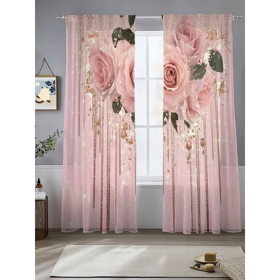 Pink Roses Romantic Sheer Curtains for Living Room Bedroom Watercolor Botanical Floral Sheer Curtains 96 Inch Long 2 Panels Set Light Filtering Curtain Window Treatments Drapes for Dining Room