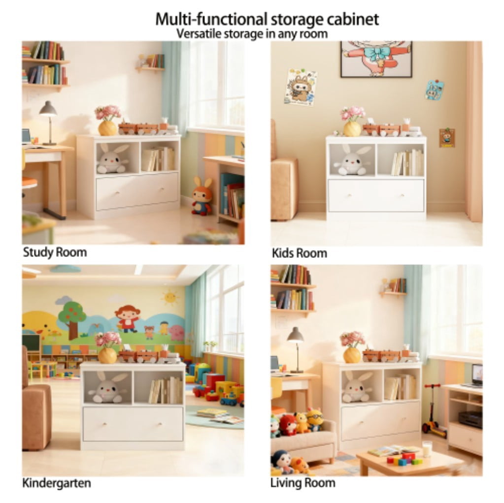 Kids Toy Storage Organizer with Large Drawer, 2-Tier Low Bookshelf & Open Shelves, Wooden Bookcase Cabinet for Books and Toys, Nursery, Playroom & Bedroom, White
