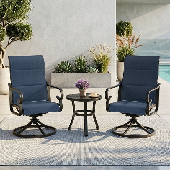 Nuu Garden 3-Piece Patio Bistro Set, All Weather Padded Textilene Swivel Chairs and Side Table, Outdoor Patio Furniture Set for Balcony, Porch, Garden, Backyard and Poolside, Blue