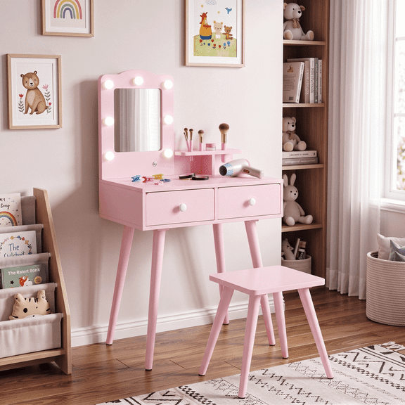 TLSUNNY Kids Vanity Set with Lights & Mirror, Wooden Princess Makeup Desk Set with Storage Drawers, Gift for Girls
