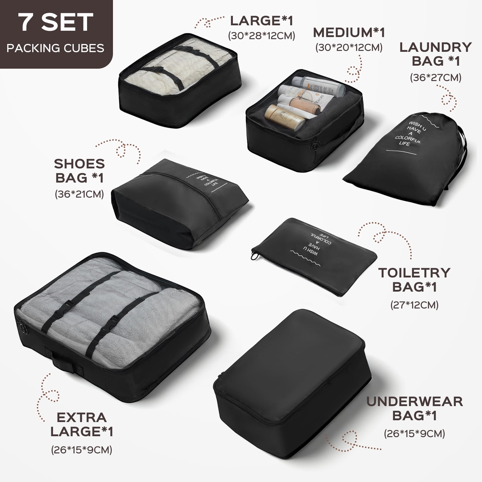 10 Piece Luggage Sets, 20 24 28 inch Lightweight Harside Suitcase with Spinner Wheels and 7PCS Packing Cubes(Black)