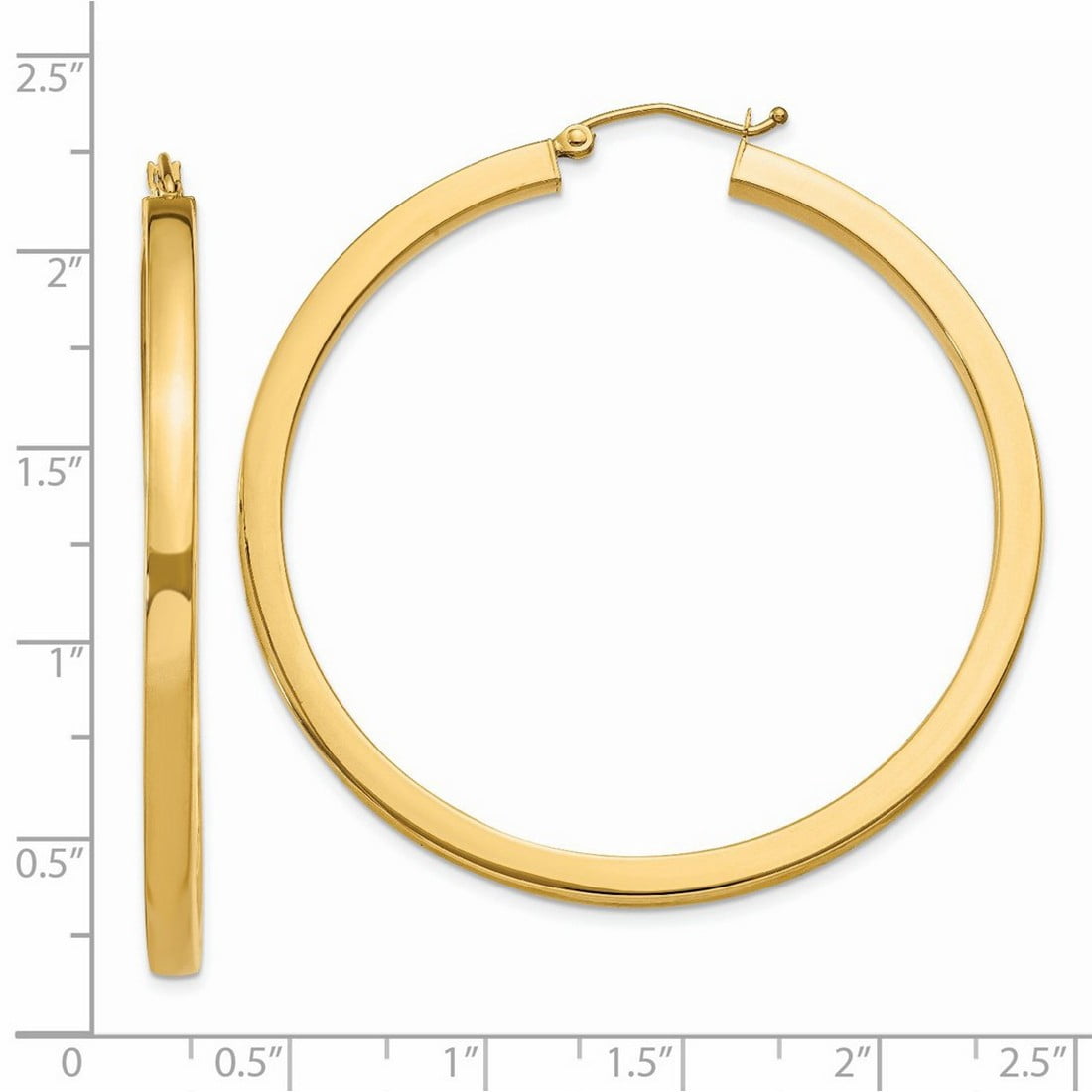 14k Yellow Gold Hollow 3mm Polished Square Hoop Earrings 50mm long 3mm Thick Hoop Earring for Women