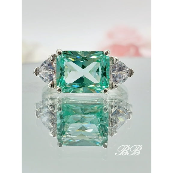 10x8MM Radiant Cut Lab Created Sea Foam Blue Green Spinel, Cubic Zirconia Trillion Accents, Three Stone Ring, Sterling Silver, Made to Order