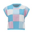thumbnail image 3 of Tank Tops for Women Color Block Plaid Knitted Round Neck Short Sleeve Tops, 3 of 6
